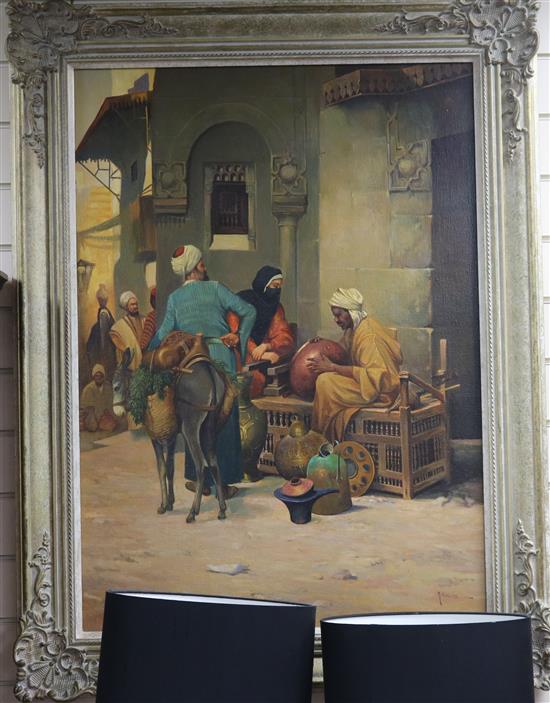 M. Kassab, oil on canvas, Arab street scene with pot seller, signed, 90 x 64cm